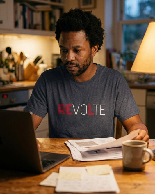 VOTE → REVOLT Truth Demand tee by Unruly Thread — bold chest print reading REVOLT, RE in red, the rest faded, the VOTE-to-REVOLT verdict design.