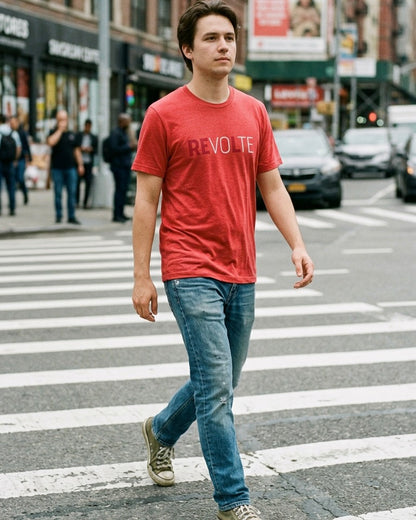 Heather red VOTE → REVOLT Truth Demand tee by Unruly Thread — REVOLT chest print, RE in deeper red.