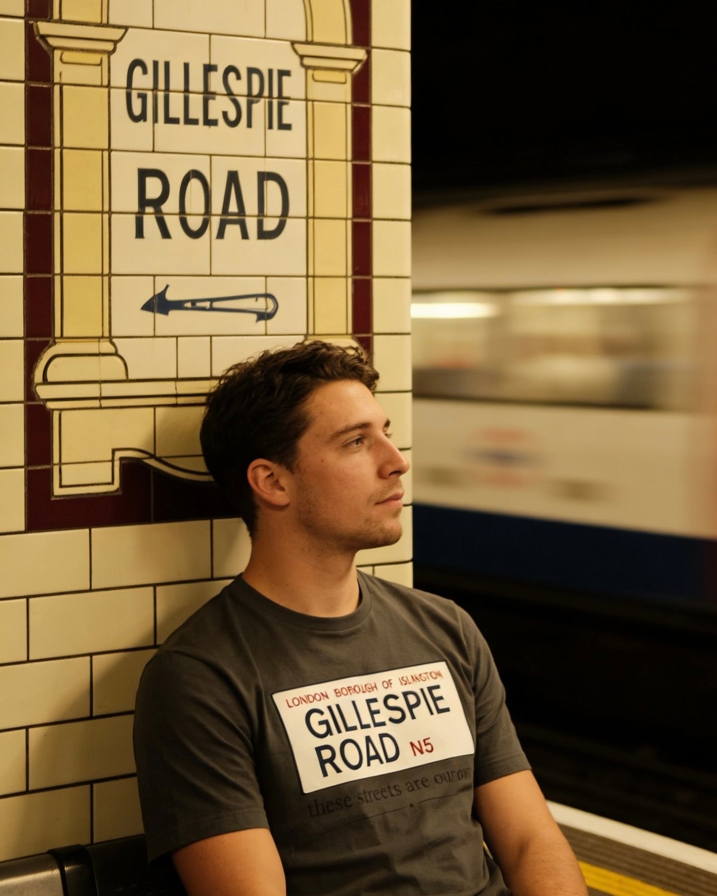 Asphalt grey Gillespie Road Arsenal N5 street sign tee by Unruly Thread — Islington nameplate chest print, GILLESPIE ROAD N5.