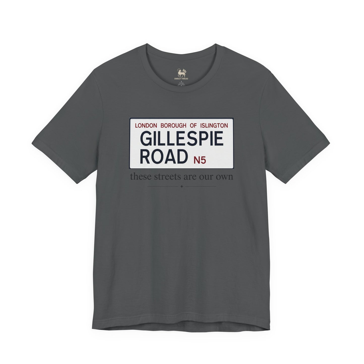 Asphalt grey Gillespie Road Arsenal N5 tee by Unruly Thread — these streets are our own, north London terrace culture.