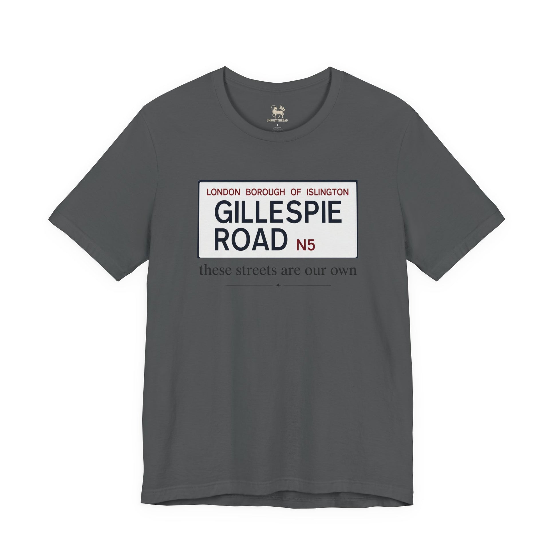 Asphalt grey Gillespie Road Arsenal N5 tee by Unruly Thread — these streets are our own, north London terrace culture.