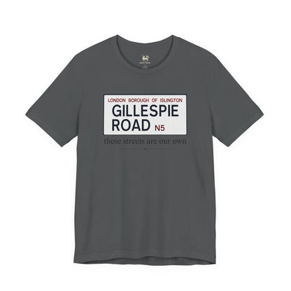 Asphalt grey Gillespie Road Arsenal N5 tee by Unruly Thread — these streets are our own, north London terrace culture.