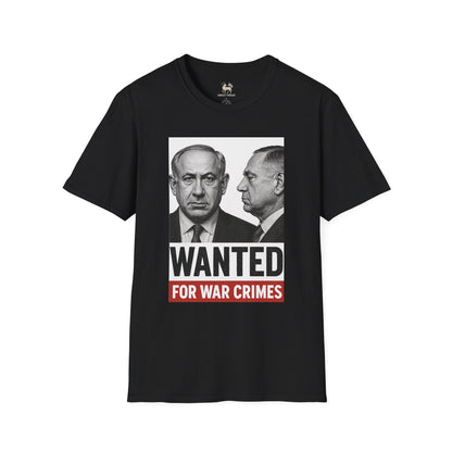 Black WANTED For War Crimes protest tee by Unruly Thread — Netanyahu mugshot graphic based on the ICC arrest warrant, accountability streetwear.