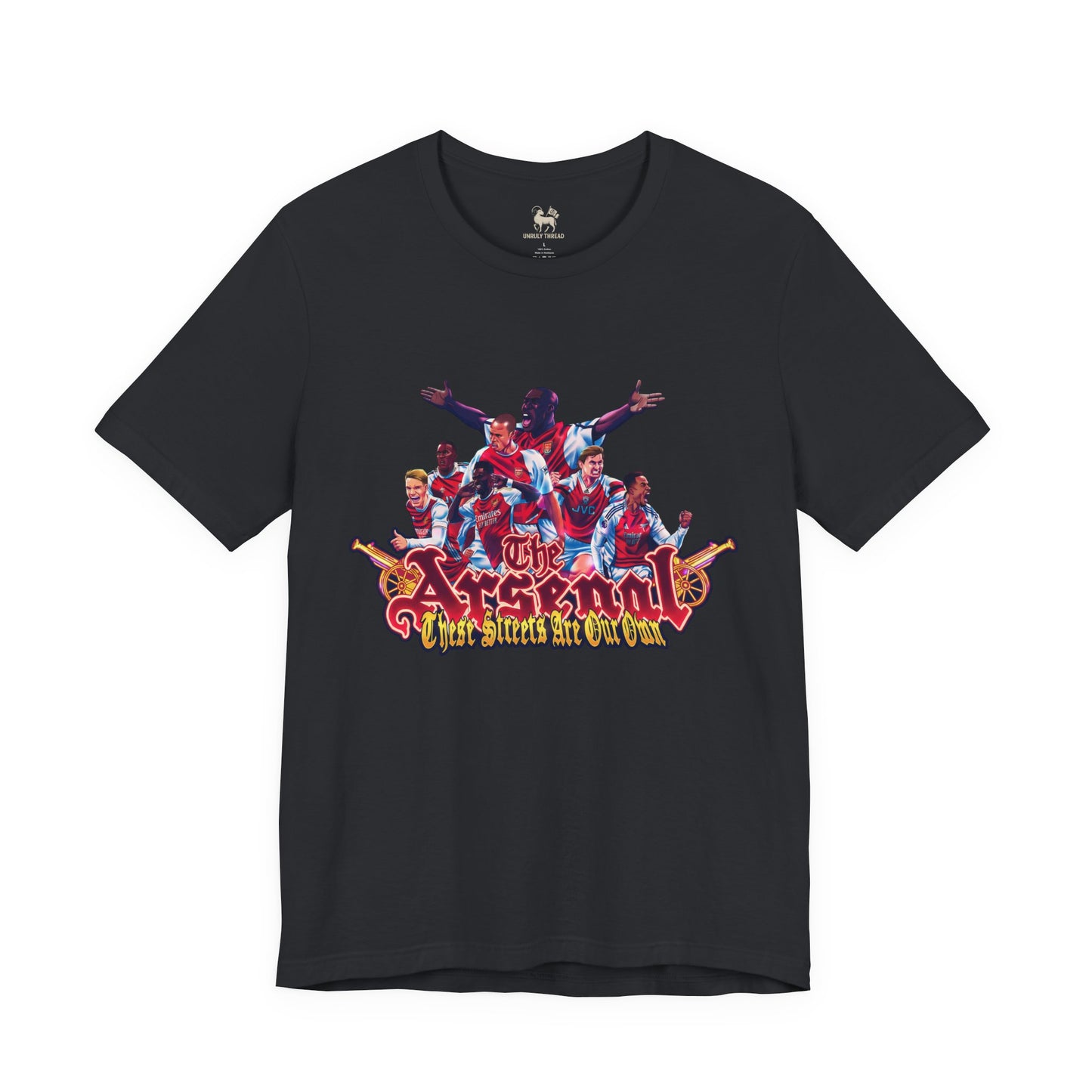Three-quarter view of the Arsenal Tifo tee — mural style chest print, by Unruly Thread.