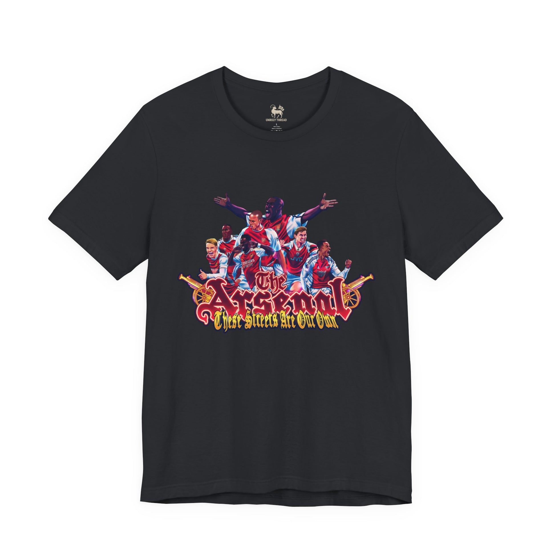 Three-quarter view of the Arsenal Tifo tee — mural style chest print, by Unruly Thread.