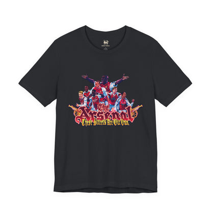 Three-quarter view of the Arsenal Tifo tee — mural style chest print, by Unruly Thread.