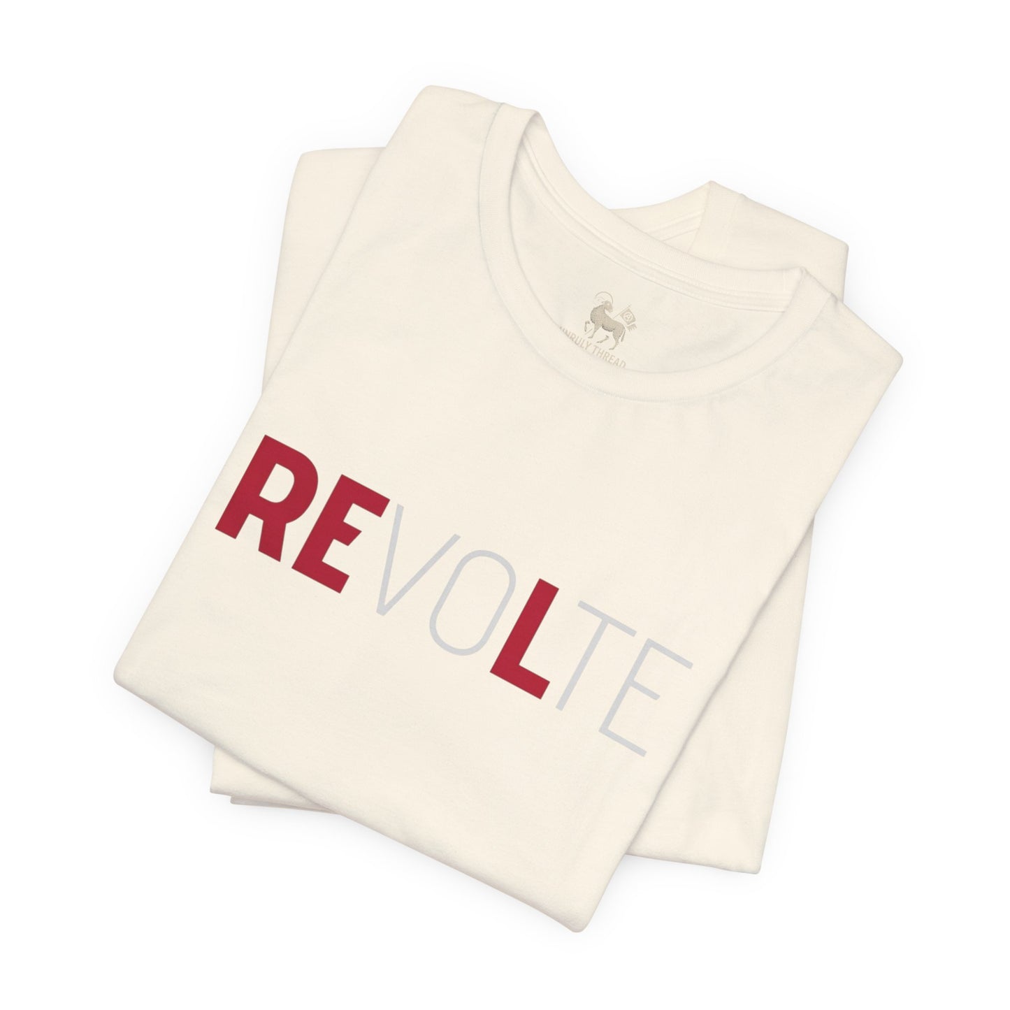 Lifestyle view of the VOTE → REVOLT Truth Demand tee by Unruly Thread — REVOLT chest print visible.