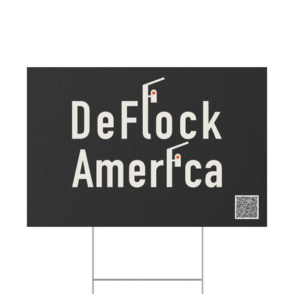 DeFlock America yard sign staked on a lawn — anti-ALPR neighbourhood signage by Unruly Thread.