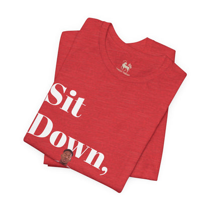 Heather navy Sit Down, Be Humble Arsenal tee by Unruly Thread — Lewis-Skelly meditation celebration design.
