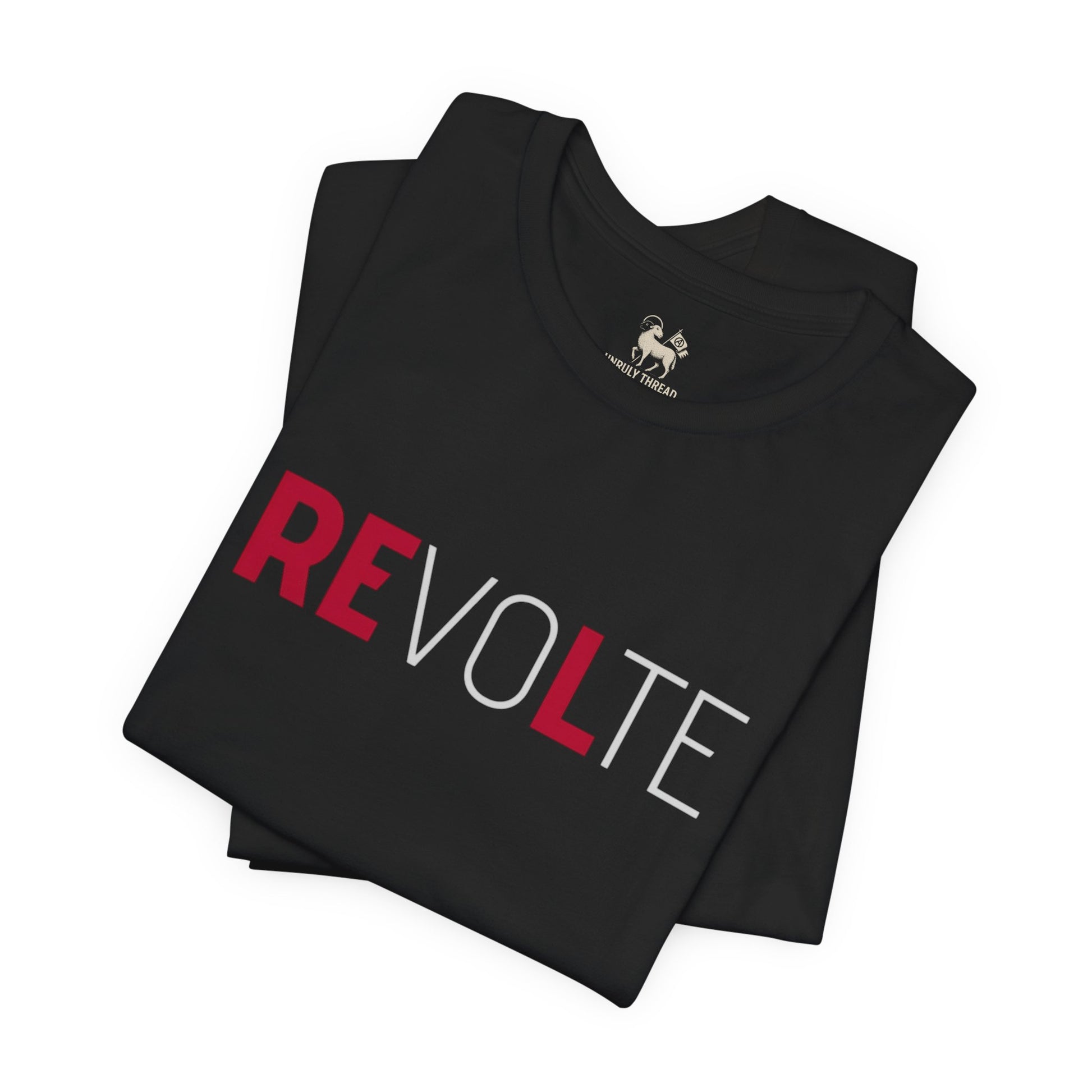 Collar detail of the VOTE → REVOLT Truth Demand tee by Unruly Thread.
