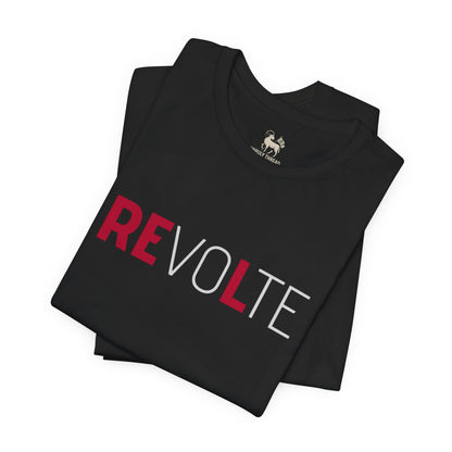 Collar detail of the VOTE → REVOLT Truth Demand tee by Unruly Thread.