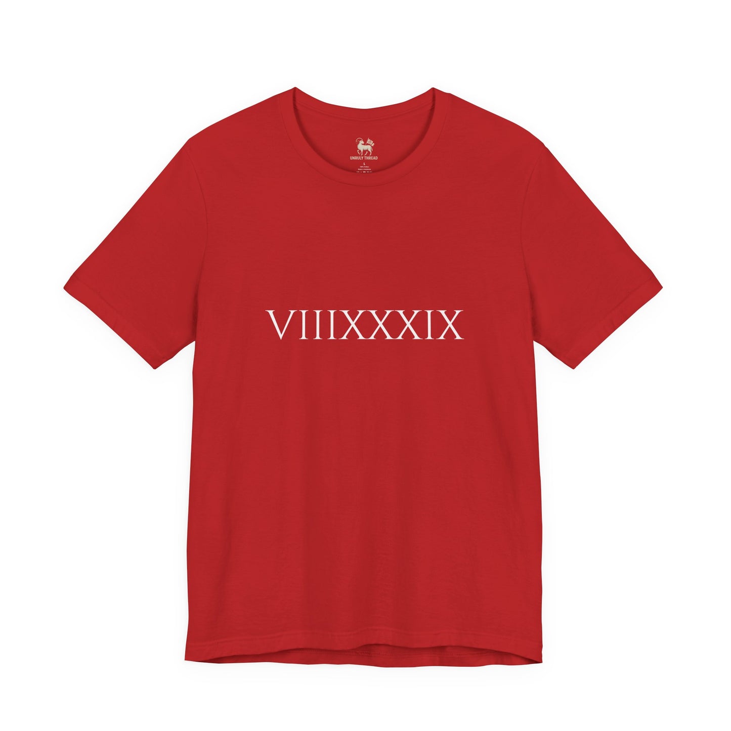 Front view of the Invincibles to Unforgettables Arsenal champions t-shirt — VIIIXXXIX Roman numeral chest print, classic inscriptional serif, by Unruly Thread.