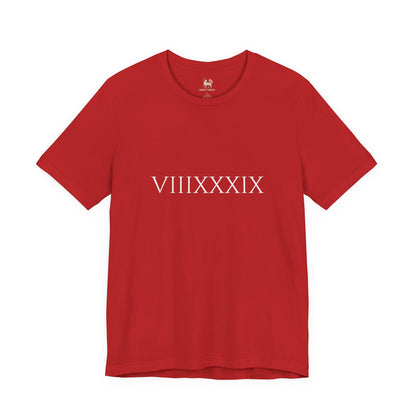 Front view of the Invincibles to Unforgettables Arsenal champions t-shirt — VIIIXXXIX Roman numeral chest print, classic inscriptional serif, by Unruly Thread.