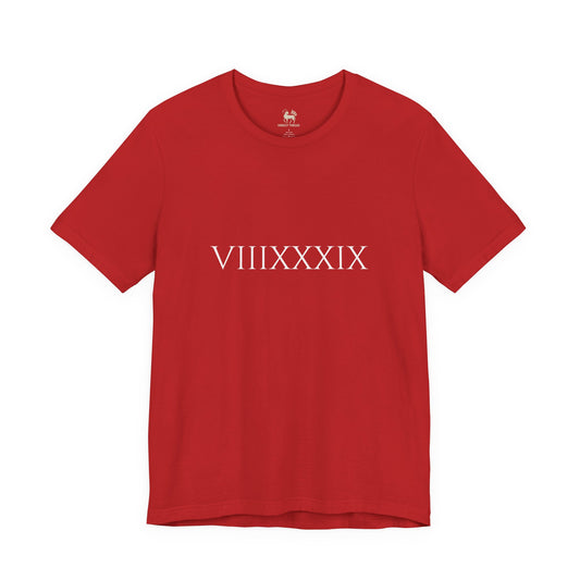Front view of the Invincibles to Unforgettables Arsenal champions t-shirt — VIIIXXXIX Roman numeral chest print, classic inscriptional serif, by Unruly Thread.