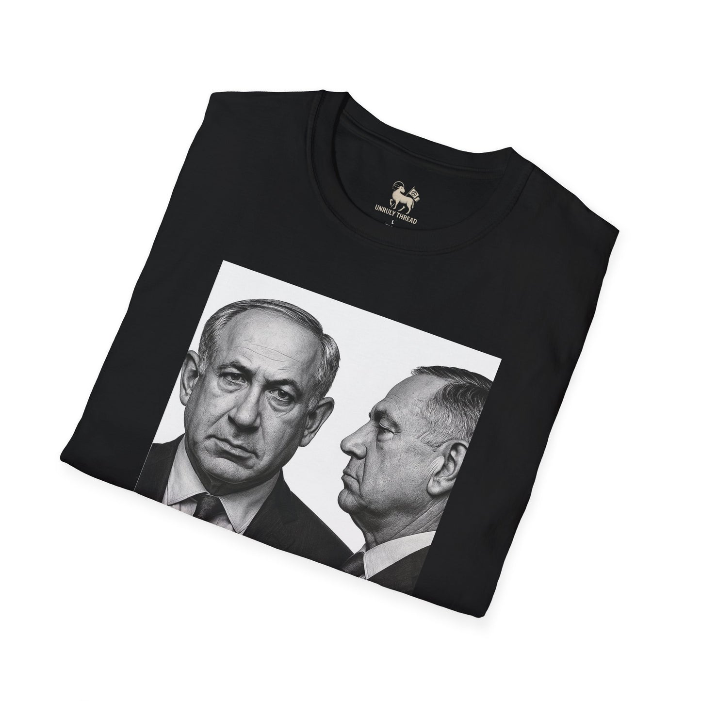Unruly Thread WANTED For War Crimes tee — silence is complicity, Gaza solidarity protest design, black colorway.