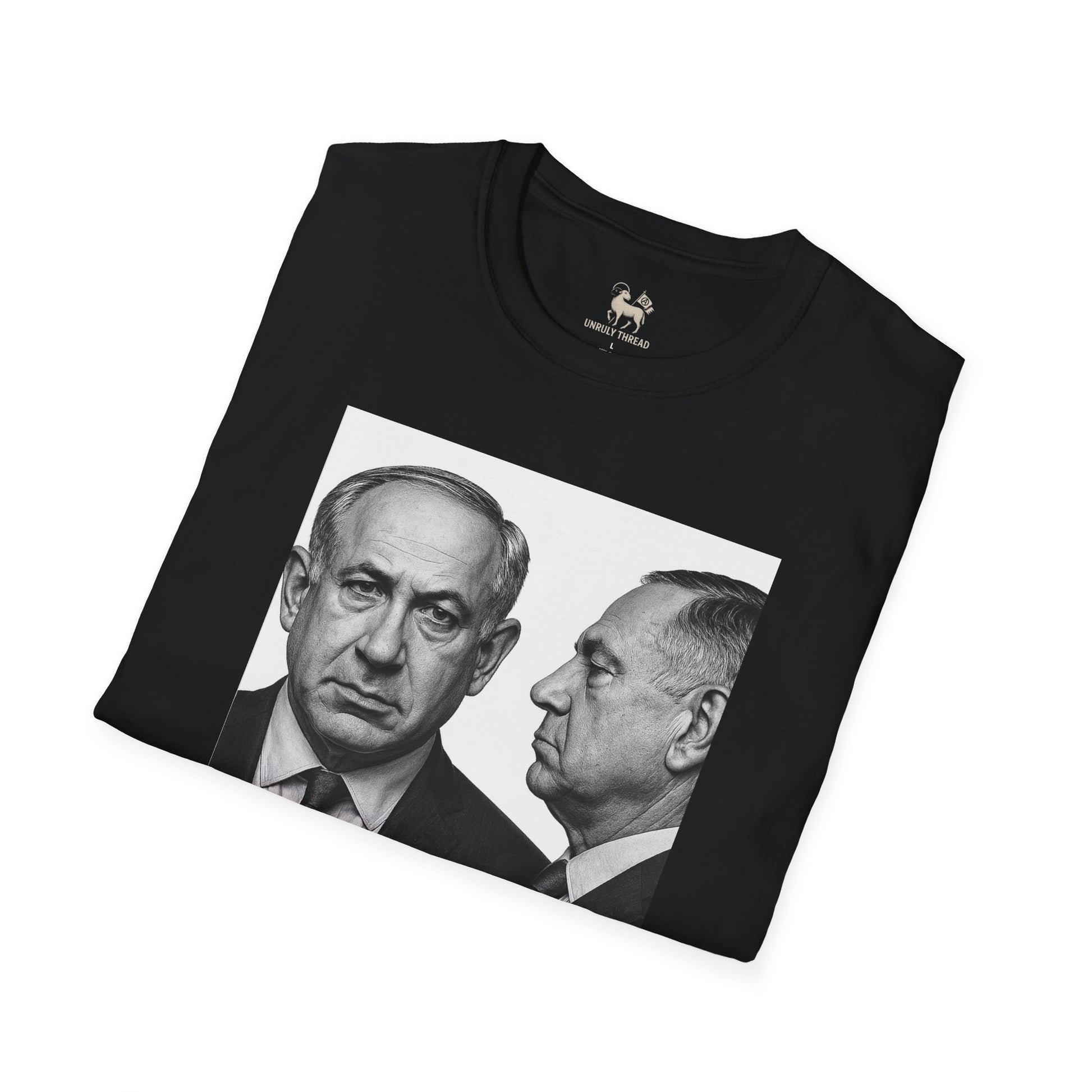 Unruly Thread WANTED For War Crimes tee — silence is complicity, Gaza solidarity protest design, black colorway.