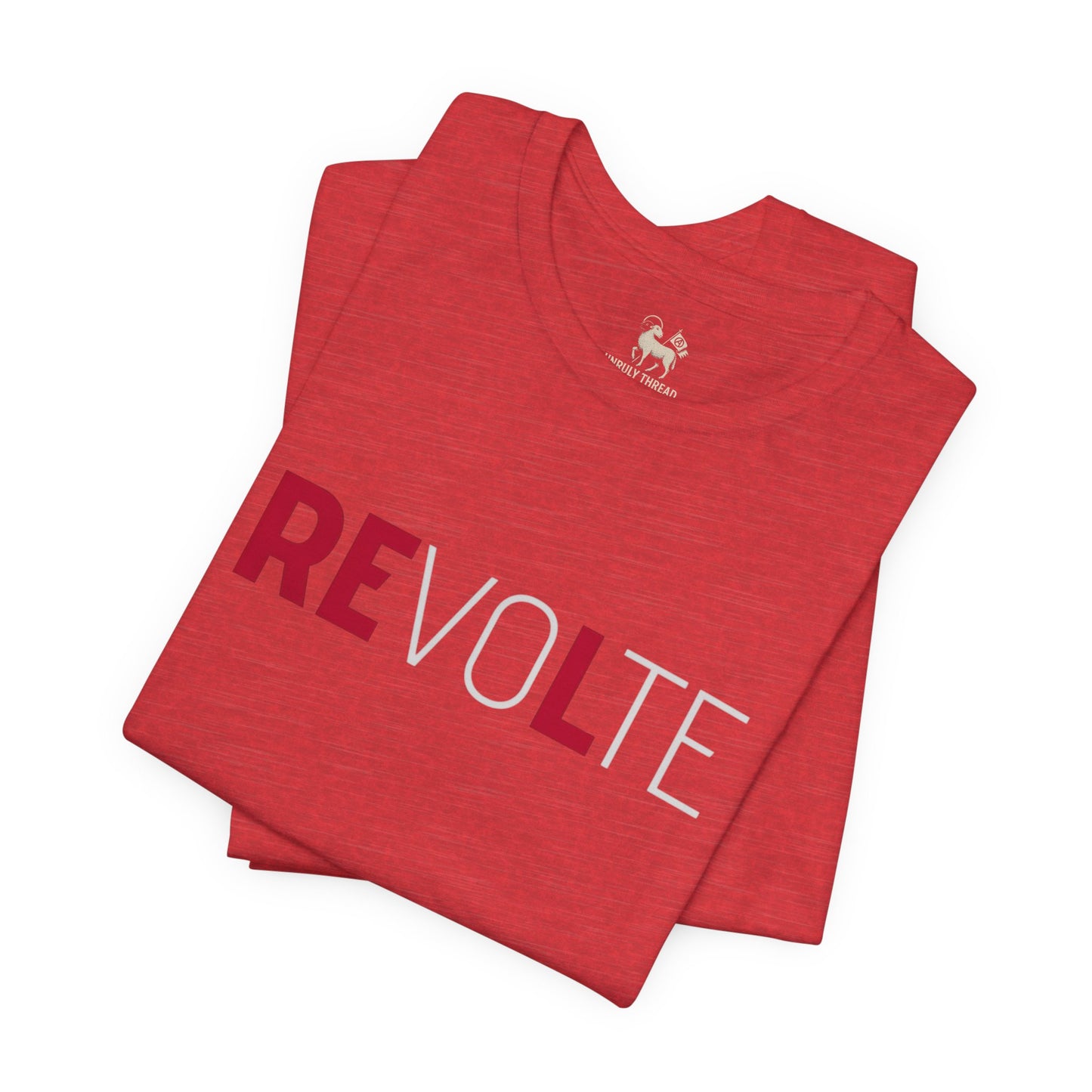 Natural cream VOTE → REVOLT Truth Demand tee by Unruly Thread — REVOLT chest print, RE in red.