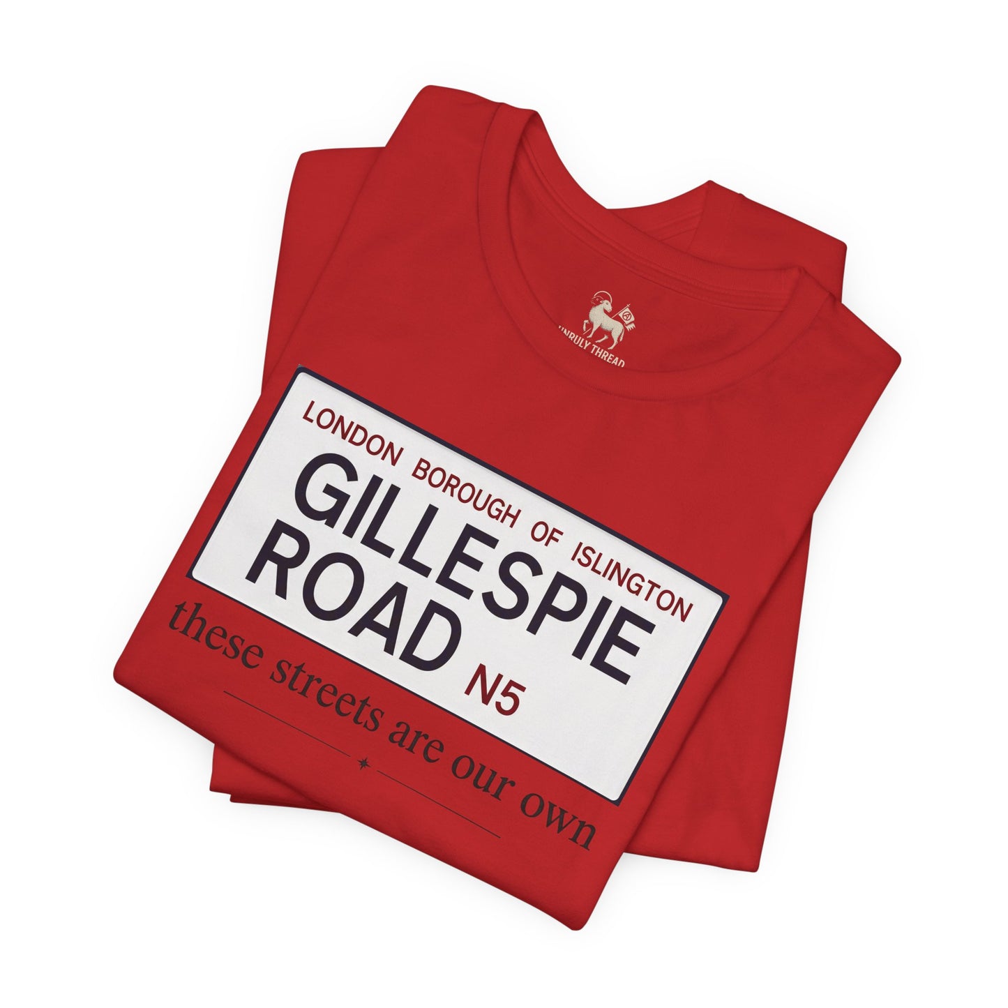 Red Gillespie Road Arsenal street sign tee by Unruly Thread — chest print detail.