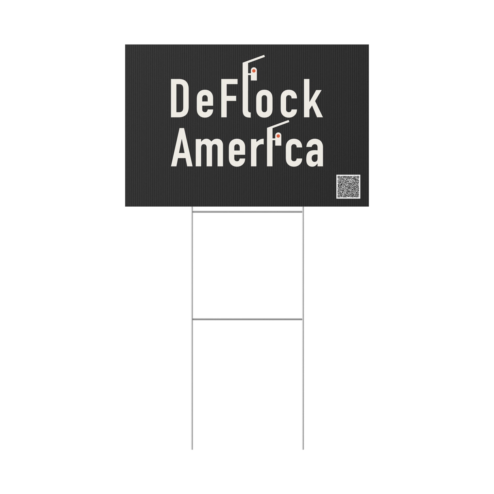 Close-up of the DeFlock America yard sign print — pole-mounted licence plate reader with solar panel and orange lens.
