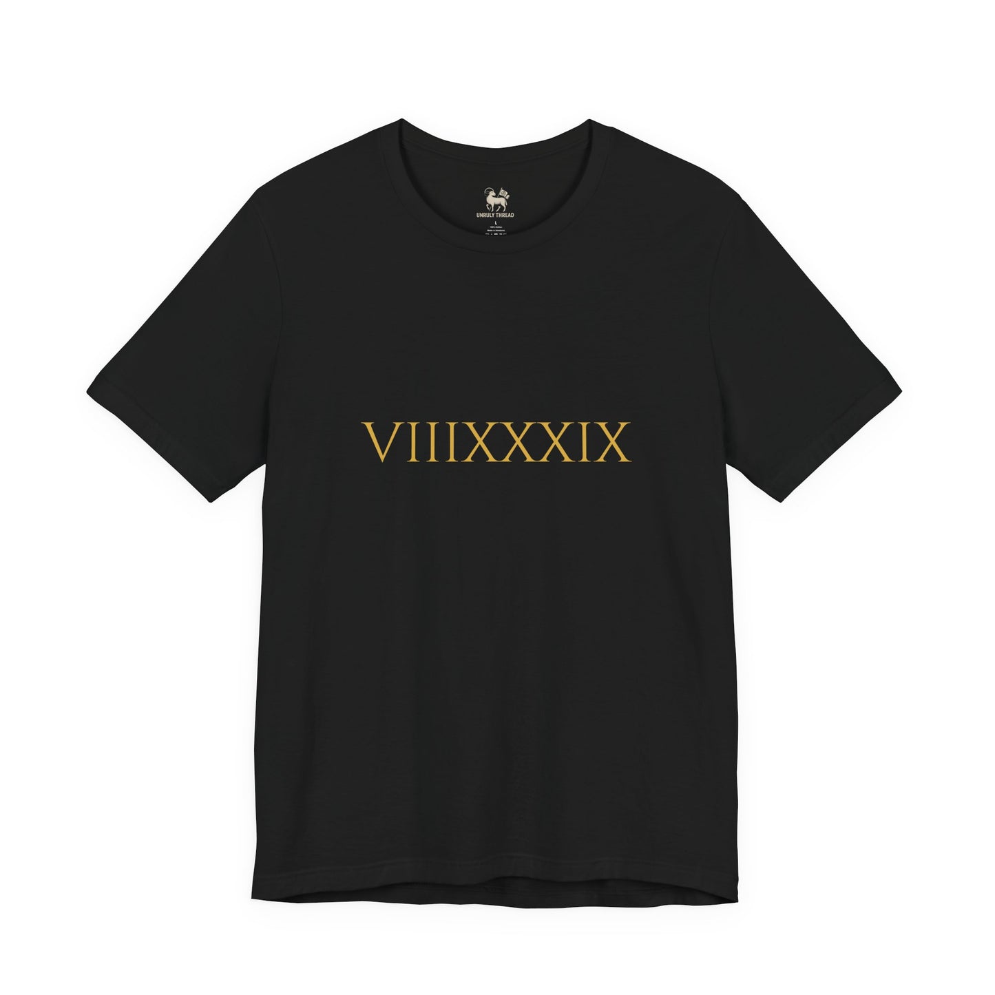 Flat lay of the Invincibles to Unforgettables tee — VIIIXXXIX Roman numerals marking the 8,039 days between Arsenal's last two titles, Unruly Thread.