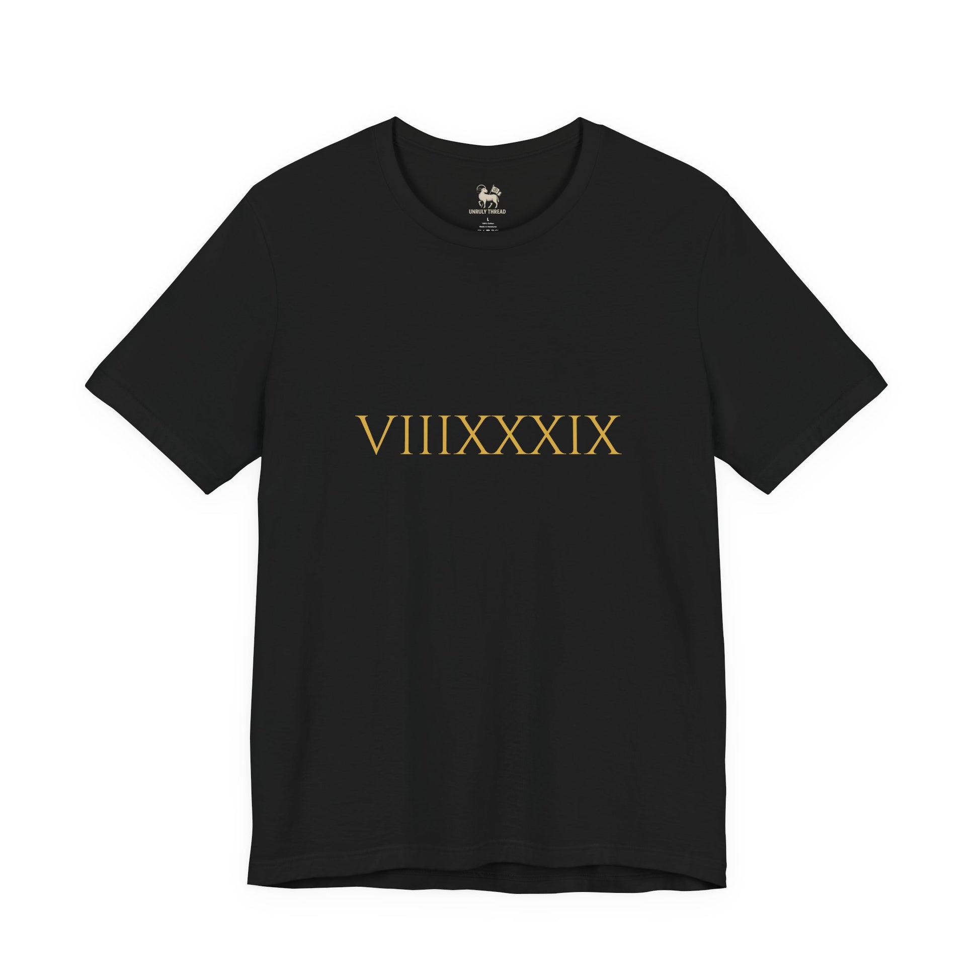 Flat lay of the Invincibles to Unforgettables tee — VIIIXXXIX Roman numerals marking the 8,039 days between Arsenal's last two titles, Unruly Thread.