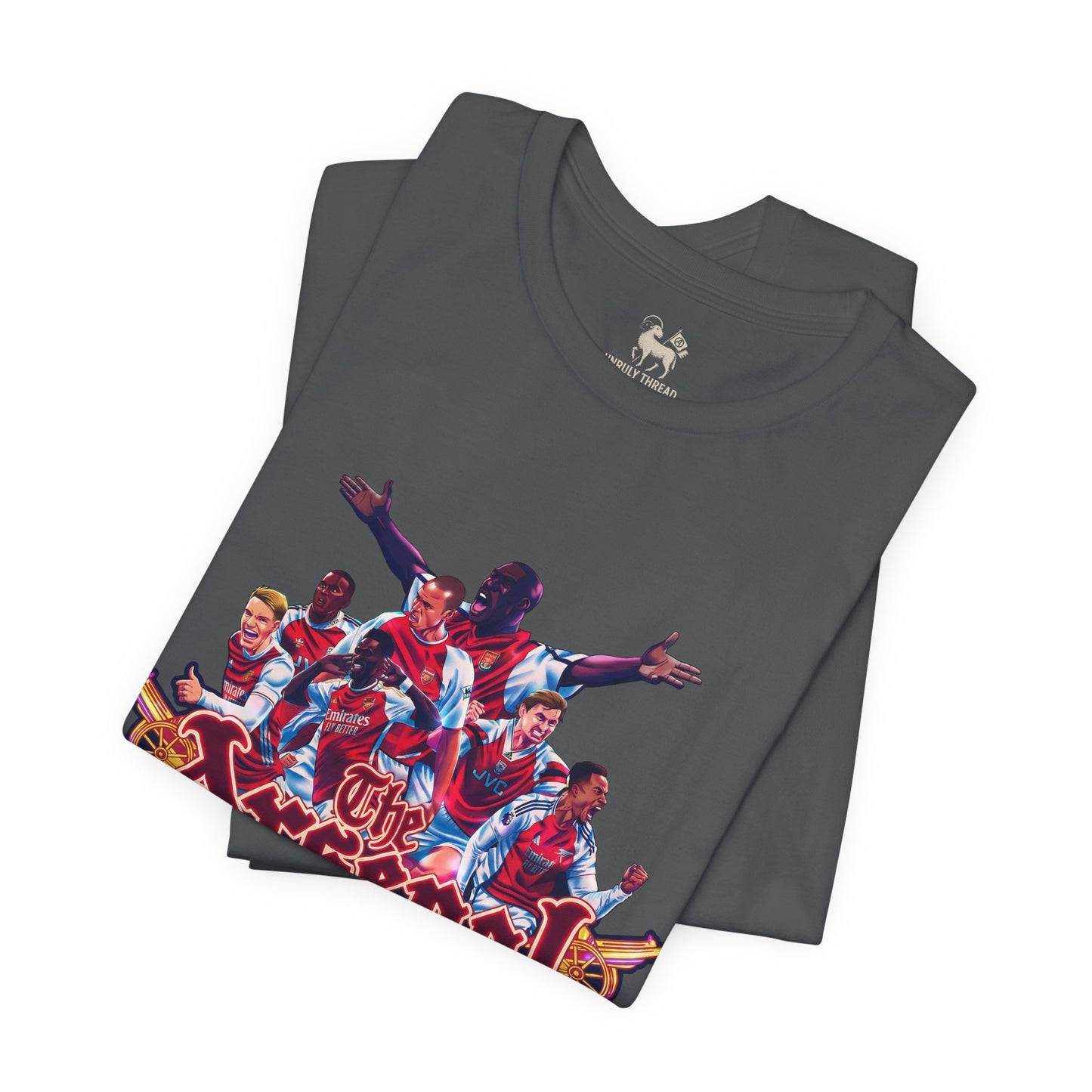 Folded view of the These Streets Are Our Own Arsenal tifo tee by Unruly Thread — North London Derby chest print.