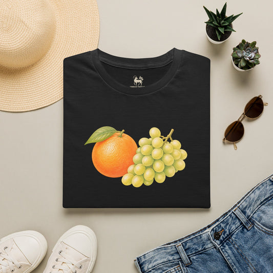 Unruly Thread Orange Grapes still-life graphic tee, black colorway.