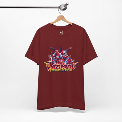 Detail print view of the Arsenal Tifo tee — mural-style North Bank artwork on the chest, by Unruly Thread.