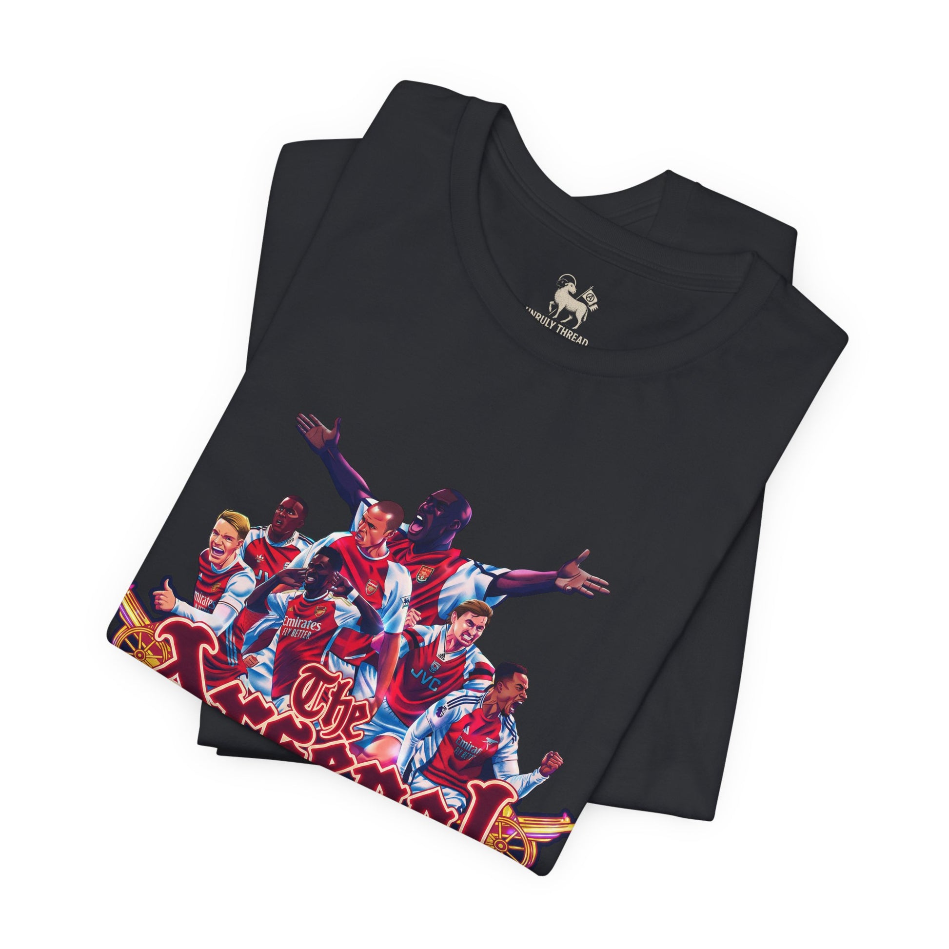 Side angle of the Arsenal Tifo These Streets Are Our Own tee by Unruly Thread — North Bank derby shirt.